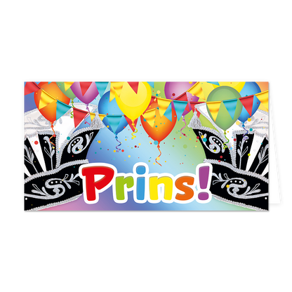 Prins! - Formaat: Groot - Vorm: Liggend - Carnavalskaart - Op deze wenskaart staat de tekst "Prins!" centraal in grote, kleurrijke letters tegen een feestelijke achtergrond vol ballonnen en slingers. Aan de linker- en rechterzijde zijn twee traditionele zwarte carnavalssteken met zilveren versieringen afgebeeld die het middenvlak omlijsten. De scène wordt verlevendigd door zwevende ballonnen in diverse kleuren, wapperende vlaggetjes en verspreide confetti op een kleurrijk verlopende achtergrond. - Snelwens