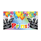 Prins! - Formaat: Groot - Vorm: Liggend - Carnavalskaart - Op deze wenskaart staat de tekst "Prins!" centraal in grote, kleurrijke letters tegen een feestelijke achtergrond vol ballonnen en slingers. Aan de linker- en rechterzijde zijn twee traditionele zwarte carnavalssteken met zilveren versieringen afgebeeld die het middenvlak omlijsten. De scène wordt verlevendigd door zwevende ballonnen in diverse kleuren, wapperende vlaggetjes en verspreide confetti op een kleurrijk verlopende achtergrond. - Snelwens