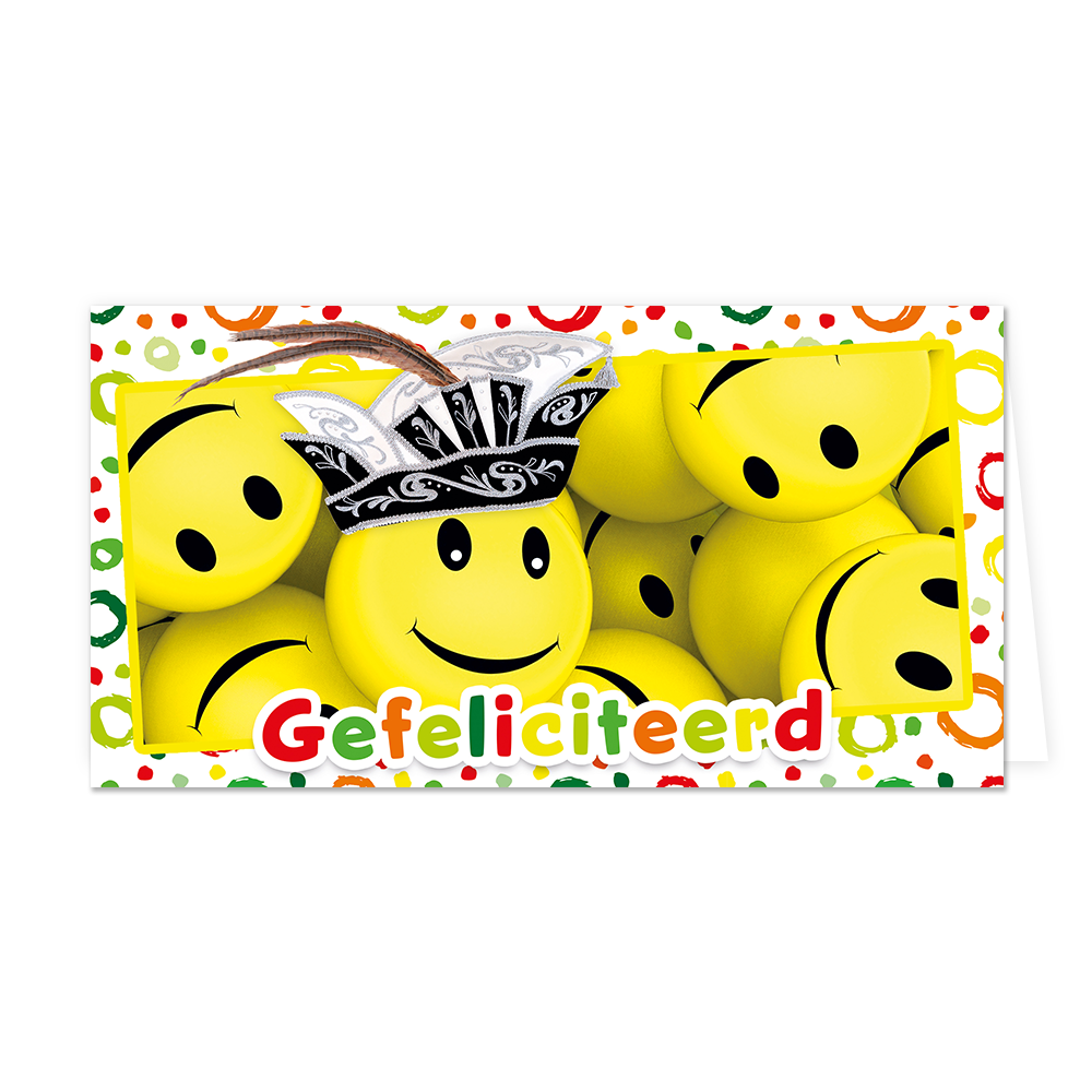 Gefeliciteerd - Formaat: Groot - Vorm: Liggend - Carnavalskaart - Op deze carnavalskaart staan smileys met de tekst: "Gefeliciteerd". - Snelwenskaart