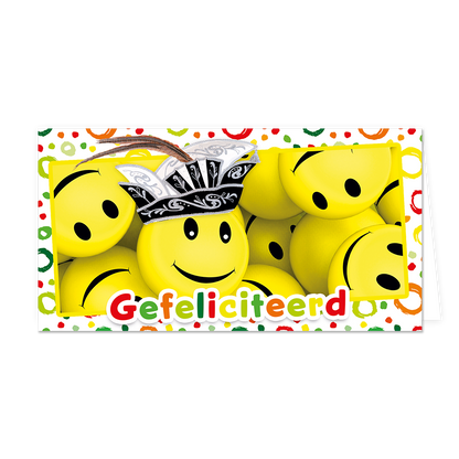 Gefeliciteerd - Formaat: Groot - Vorm: Liggend - Carnavalskaart - Op deze carnavalskaart staan smileys met de tekst: "Gefeliciteerd". - Snelwenskaart