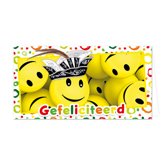 Gefeliciteerd - Formaat: Groot - Vorm: Liggend - Carnavalskaart - Op deze carnavalskaart staan smileys met de tekst: "Gefeliciteerd". - Snelwenskaart
