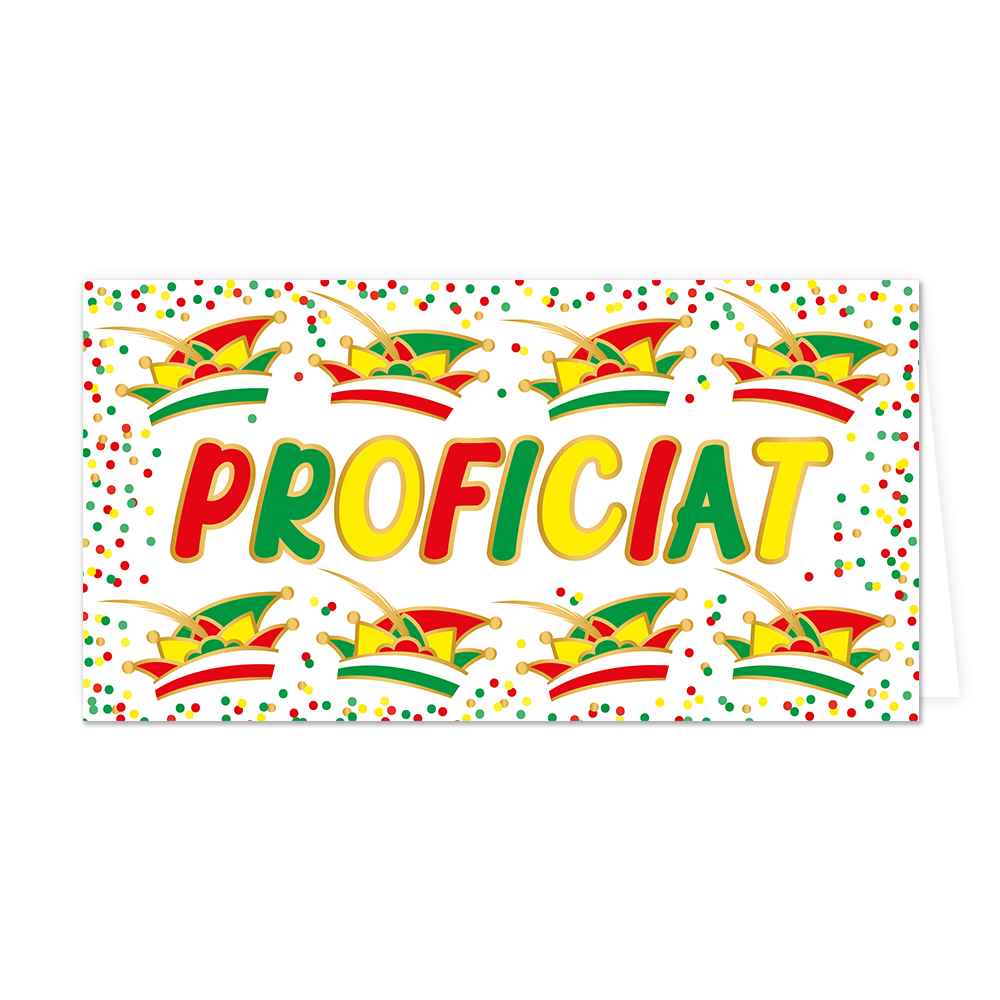 Proficiat - Formaat: Groot - Vorm: Liggend - Carnavalskaart - Op deze wenskaart staat de tekst "PROFICIAT" centraal in grote letters die afwisselend rood, groen en geel gekleurd zijn met een gouden omlijning. De tekst wordt omringd door acht kleurrijke carnavalssteken, verdeeld in twee rijen van vier boven en onder het woord. De achtergrond is wit en volledig gevuld met kleine rode, groene en gele confettistippen. - Snelwenskaart