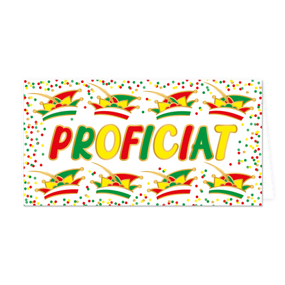 Proficiat - Formaat: Groot - Vorm: Liggend - Carnavalskaart - Op deze wenskaart staat de tekst "PROFICIAT" centraal in grote letters die afwisselend rood, groen en geel gekleurd zijn met een gouden omlijning. De tekst wordt omringd door acht kleurrijke carnavalssteken, verdeeld in twee rijen van vier boven en onder het woord. De achtergrond is wit en volledig gevuld met kleine rode, groene en gele confettistippen. - Snelwenskaart