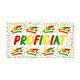 Proficiat - Formaat: Groot - Vorm: Liggend - Carnavalskaart - Op deze wenskaart staat de tekst "PROFICIAT" centraal in grote letters die afwisselend rood, groen en geel gekleurd zijn met een gouden omlijning. De tekst wordt omringd door acht kleurrijke carnavalssteken, verdeeld in twee rijen van vier boven en onder het woord. De achtergrond is wit en volledig gevuld met kleine rode, groene en gele confettistippen. - Snelwenskaart