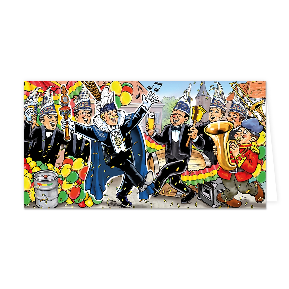 Prins carnaval - Formaat: Groot - Vorm: Liggend - Carnavalskaart - Op deze carnavalskaart is prins carnaval te zien die met de raad van 11 feest aan het vieren is. - Snelwenskaart