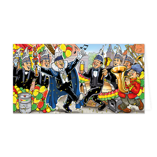 Prins carnaval - Formaat: Groot - Vorm: Liggend - Carnavalskaart - Op deze carnavalskaart is prins carnaval te zien die met de raad van 11 feest aan het vieren is. - Snelwenskaart