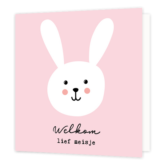 Welkom lief meisje - Formaat: Normaal - Vorm: Vierkant - Geboortekaart - Op deze wenskaart staat een groot wit konijn op een roze achtergrond met daaronder de tekst: "Welkom lief meisje". - Snelwenskaart