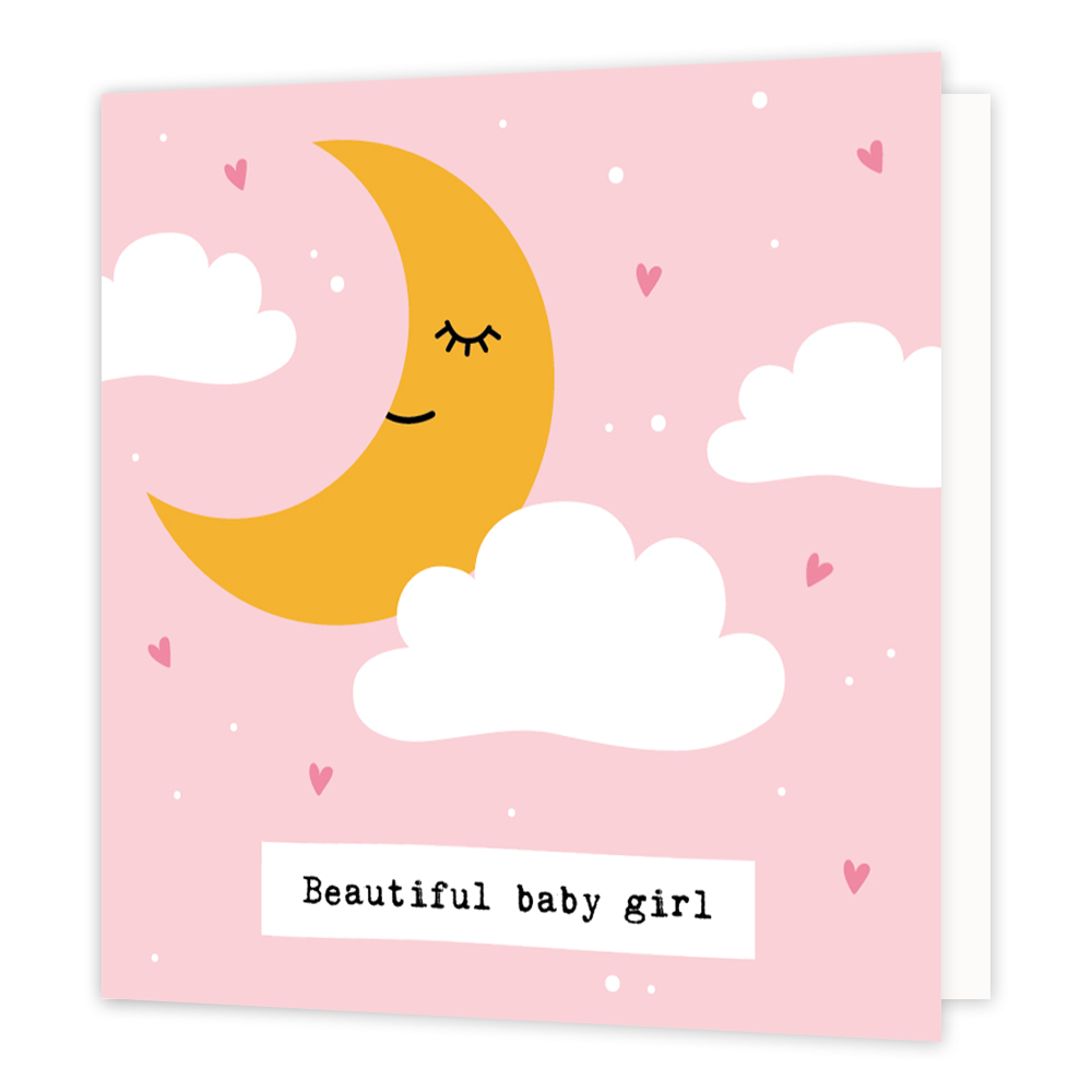 Beautiful baby girl - Formaat: Standaard - Vorm: Vierkant - Geboortekaart - Op deze wenskaart staat een halve maan omringt door wolken op een roze achtergrond. Onderaan staat de tekst: "Beautiful baby girl". - Snelwenskaart