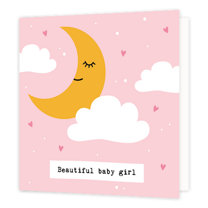 Beautiful baby girl - Formaat: Standaard - Vorm: Vierkant - Geboortekaart - Op deze wenskaart staat een halve maan omringt door wolken op een roze achtergrond. Onderaan staat de tekst: "Beautiful baby girl". - Snelwenskaart