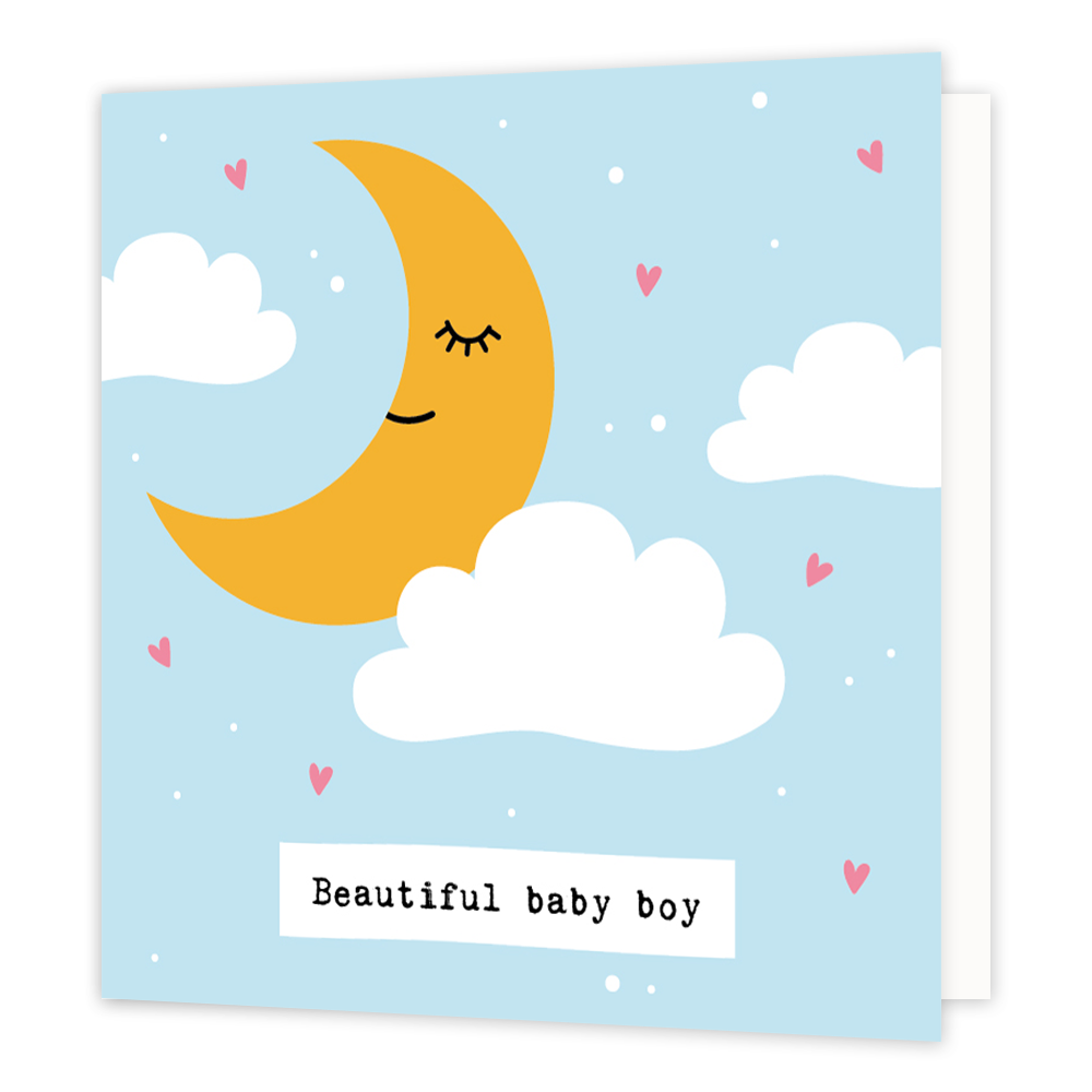 Beautiful baby boy - Formaat: Standaard - Vorm: Vierkant - Geboortekaart - Op deze wenskaart staat een halve maan omringt door wolken op een blauwe achtergrond. Onderaan staat de tekst: "Beautiful baby boy". - Snelwenskaart