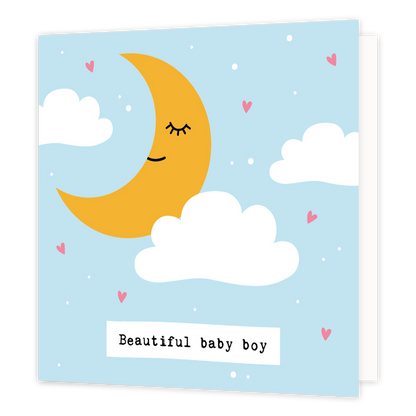 Beautiful baby boy - Formaat: Standaard - Vorm: Vierkant - Geboortekaart - Op deze wenskaart staat een halve maan omringt door wolken op een blauwe achtergrond. Onderaan staat de tekst: "Beautiful baby boy". - Snelwenskaart