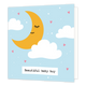 Beautiful baby boy - Formaat: Standaard - Vorm: Vierkant - Geboortekaart - Op deze wenskaart staat een halve maan omringt door wolken op een blauwe achtergrond. Onderaan staat de tekst: "Beautiful baby boy". - Snelwenskaart