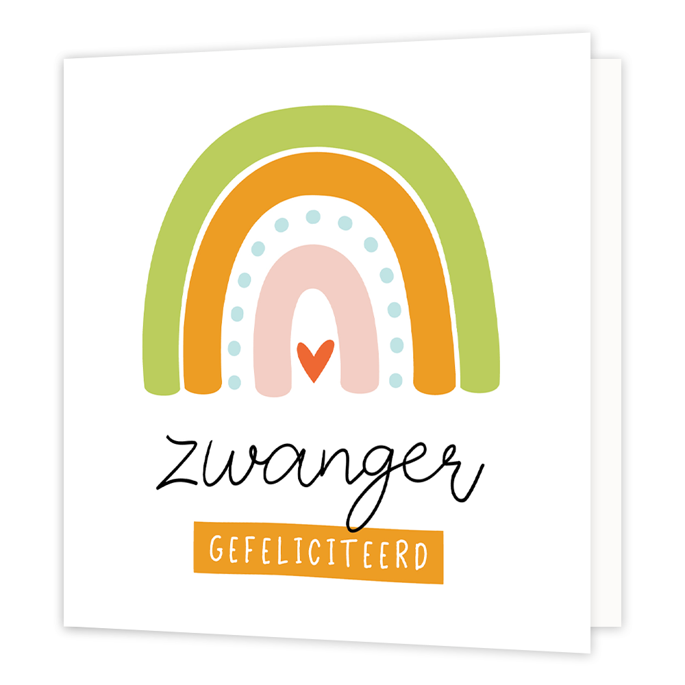 Zwanger gefeliciteerd - Formaat: Standaard - Vorm: Vierkant - Zwanger kaart - Op deze wenskaart staat een regenboog met daaronder de tekst: "Zwanger gefeliciteerd". - Snelwenskaart