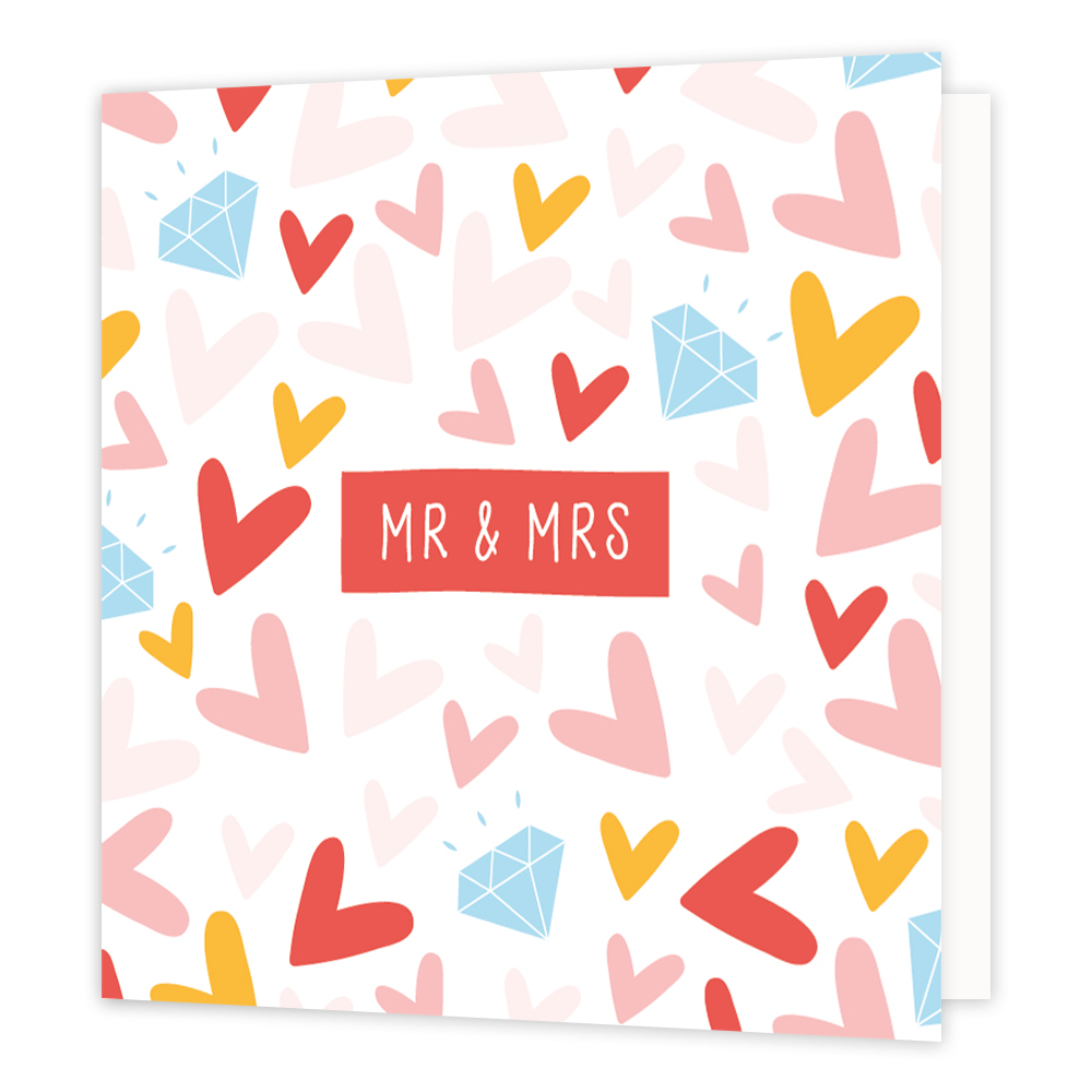MR&MRS - Formaat: Normaal - Vorm: Vierkant - Huwelijkskaart - Op deze wenskaart staan hartjes in de kleuren rood, roze, beige en goud met diamanten en in het midden de tekst: "MR & MRS". - Snelwenskaart