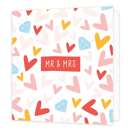 MR&MRS - Formaat: Normaal - Vorm: Vierkant - Huwelijkskaart - Op deze wenskaart staan hartjes in de kleuren rood, roze, beige en goud met diamanten en in het midden de tekst: "MR & MRS". - Snelwenskaart
