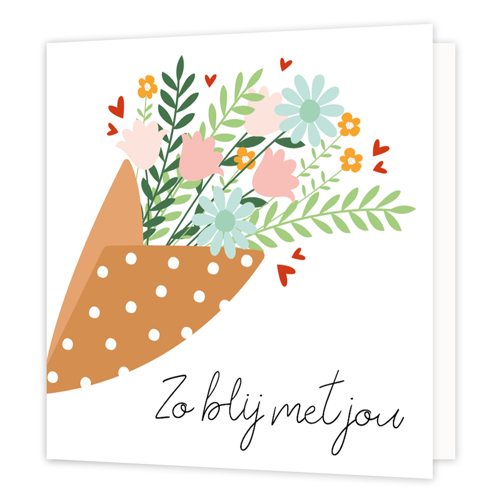 Zo blij met jou - Formaat: Normaal - Vorm: Vierkant - Complimentenkaart - Op deze wenskaart staat een boeket metbloemen in de kleuren roze, beige, geel, groen en blauw met daaronder de tekst: "Zo blij met jou". - Snelwenskaart