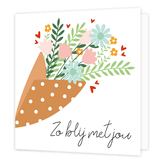 Zo blij met jou - Formaat: Normaal - Vorm: Vierkant - Complimentenkaart - Op deze wenskaart staat een boeket metbloemen in de kleuren roze, beige, geel, groen en blauw met daaronder de tekst: "Zo blij met jou". - Snelwenskaart