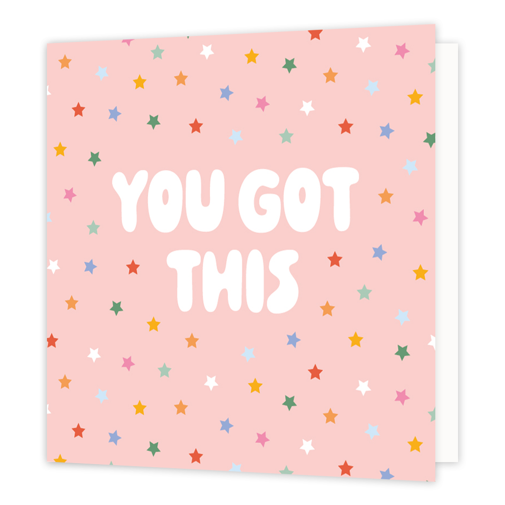You got this - Formaat: Normaal - Vorm: Vierkant - Succes kaart - Op deze wenskaart staat de tekst: "You got this" omringt door sterren in diverse kleuren. - Snelwenskaart