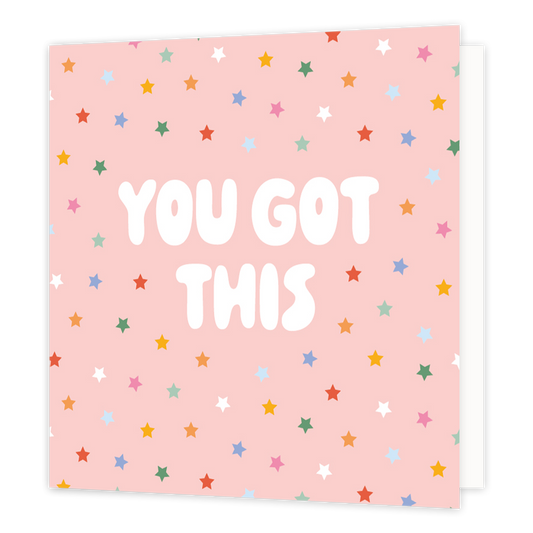 You got this - Formaat: Normaal - Vorm: Vierkant - Succes kaart - Op deze wenskaart staat de tekst: "You got this" omringt door sterren in diverse kleuren. - Snelwenskaart