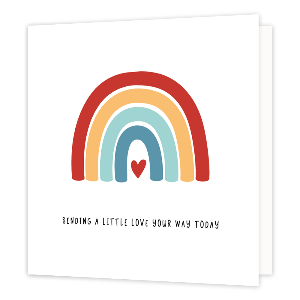 Sending a little love - Formaat: Normaal - Vorm: Vierkant - Denken aan kaart - Op deze wenskaart staat een regenboog met daaronder de tekst: "Sending a little love your way today". - Snelwenskaart
