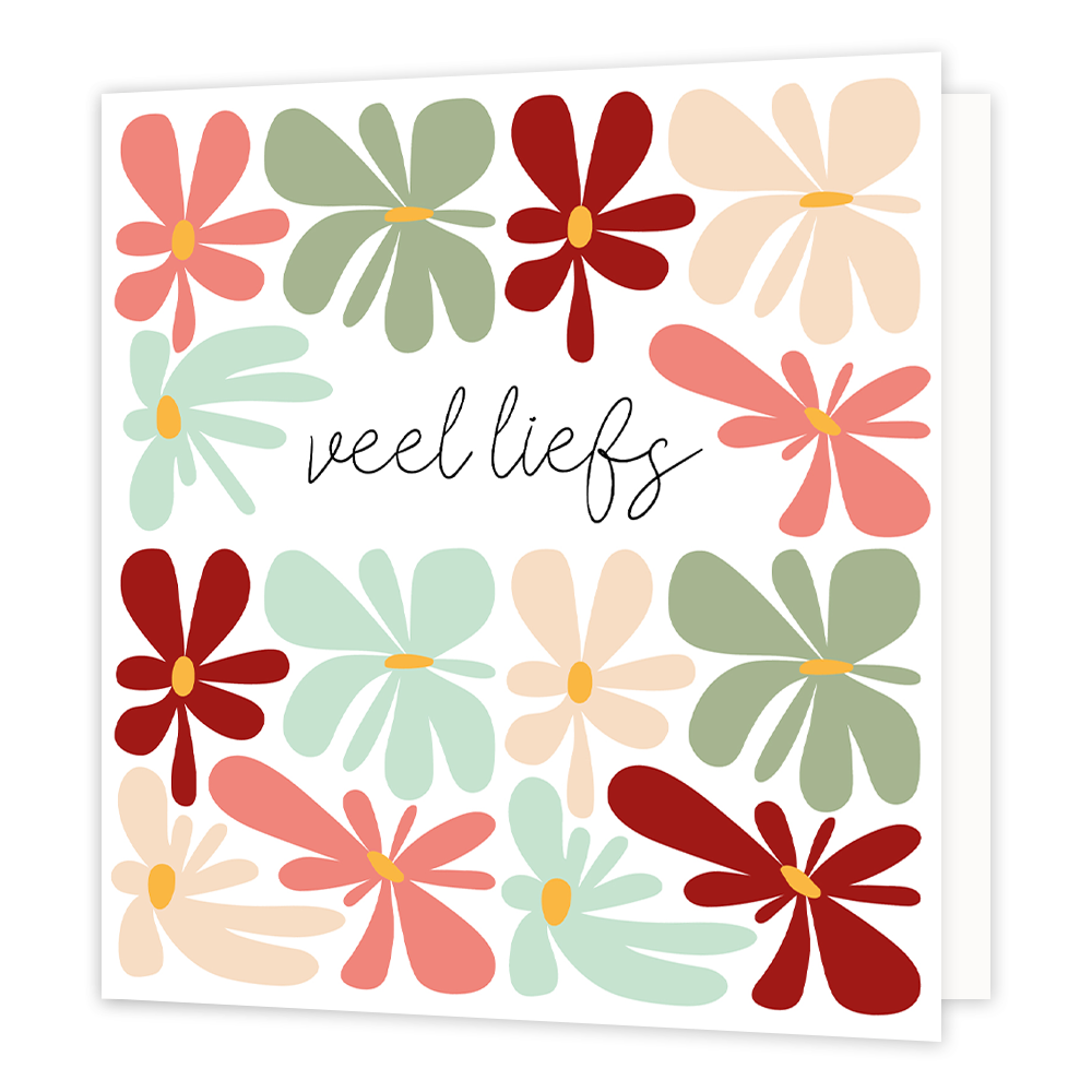 Veel liefs - Formaat: Normaal - Vorm: Vierkant - Vriendschapskaart - Op deze wenskaart staan bloemen in de kleuren groen, beige, rood, roze en mintblauw, met in het midden de tekst: "Veel liefs". - Snelwenskaart