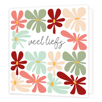 Veel liefs - Formaat: Normaal - Vorm: Vierkant - Vriendschapskaart - Op deze wenskaart staan bloemen in de kleuren groen, beige, rood, roze en mintblauw, met in het midden de tekst: "Veel liefs". - Snelwenskaart