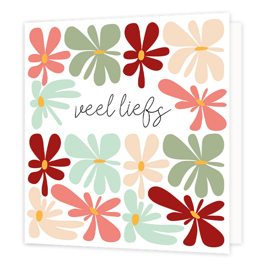 Veel liefs - Formaat: Normaal - Vorm: Vierkant - Vriendschapskaart - Op deze wenskaart staan bloemen in de kleuren groen, beige, rood, roze en mintblauw, met in het midden de tekst: "Veel liefs". - Snelwenskaart
