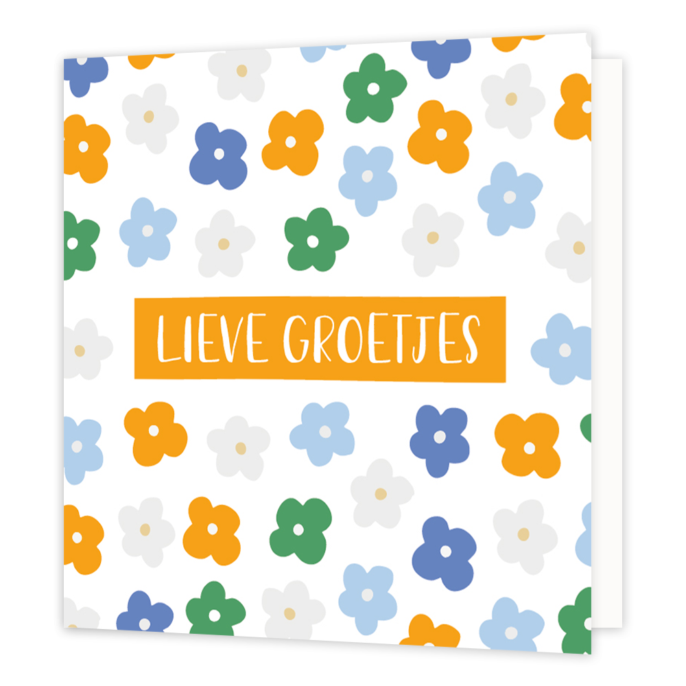 Lieve groetjes - Formaat: Normaal - Vorm: Vierkant - Vriendschapskaart - Op deze wenskaart staan bloemen in de kleuren oranje, wit, blauw en groen, met in het midden de tekst: "Lieve groetjes". - Snelwenskaart