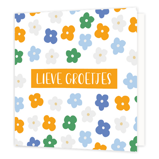 Lieve groetjes - Formaat: Normaal - Vorm: Vierkant - Vriendschapskaart - Op deze wenskaart staan bloemen in de kleuren oranje, wit, blauw en groen, met in het midden de tekst: "Lieve groetjes". - Snelwenskaart