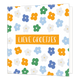 Lieve groetjes - Formaat: Standaard - Vorm: Vierkant - Vriendschapskaart - Op deze wenskaart staan bloemen in de kleuren oranje, wit, blauw en groen, met in het midden de tekst: "Lieve groetjes". - Snelwenskaart