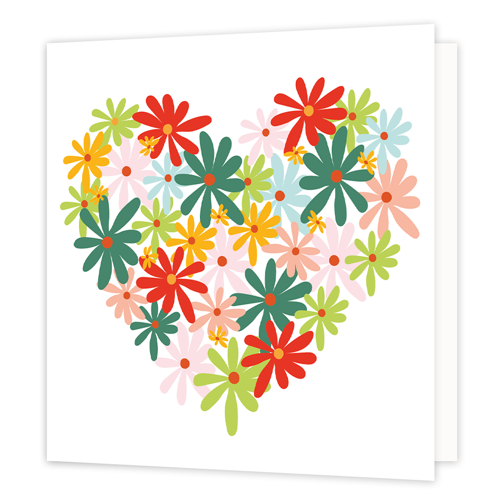 Bloemenhart - Formaat: Standaard - Vorm: Vierkant - Blanco kaart - Op deze wenskaart staat een hart gemaakt van bloemen in de kleuren groen, mintgroen, roze, rood en oranje. - Snelwenskaart