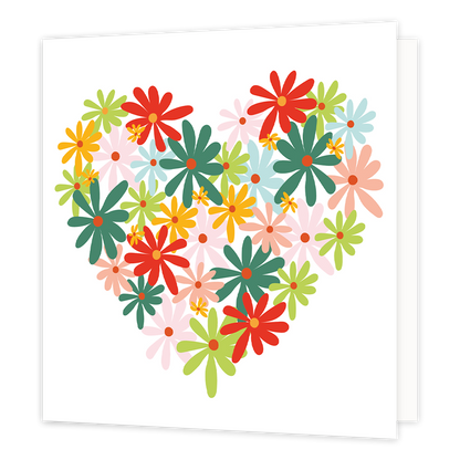 Bloemenhart - Formaat: Standaard - Vorm: Vierkant - Blanco kaart - Op deze wenskaart staat een hart gemaakt van bloemen in de kleuren groen, mintgroen, roze, rood en oranje. - Snelwenskaart