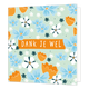 Dank je wel - Formaat: Standaard - Vorm: Vierkant - Bedankkaart - Op deze wenskaart staan bloemen in de kleuren blauw, oranje en wit, met in het midden de tekst: "Dank je wel". - Snelwenskaart