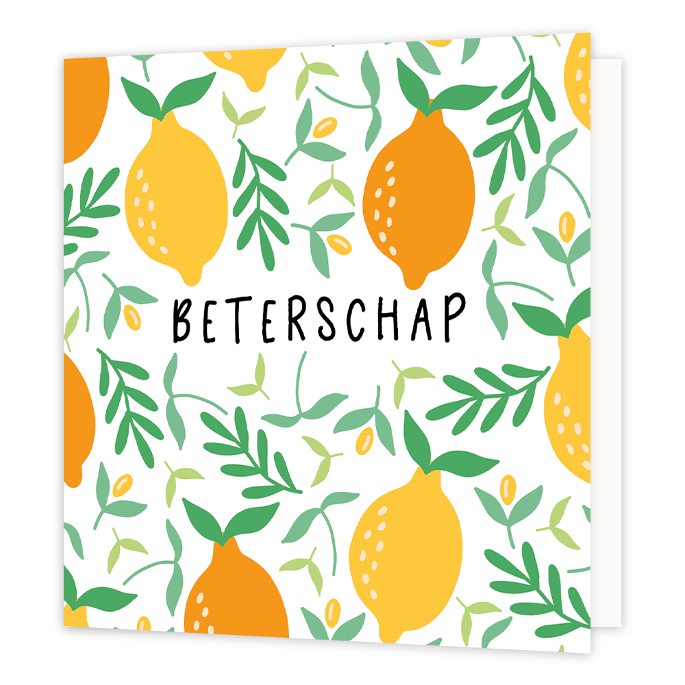 Beterschap - Formaat: Normaal - Vorm: Vierkant - Beterschapskaart - Op deze wenskaart staan citroenen en bladeren met in het midden de tekst: "Beterschap". - Snelwenskaart