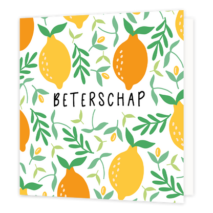 Beterschap - Formaat: Normaal - Vorm: Vierkant - Beterschapskaart - Op deze wenskaart staan citroenen en bladeren met in het midden de tekst: "Beterschap". - Snelwenskaart