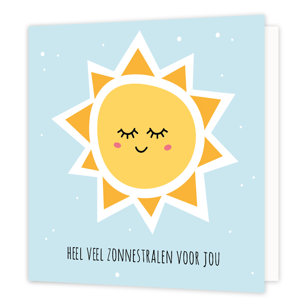Heel veel zonnestralen - Formaat: Normaal - Vorm: Vierkant - Succes kaart - Op deze wenskaart staat een zon op een blauwe achtergrond met onderaan de tekst: "Heel veel zonnestralen voor jou". - Snelwenskaart
