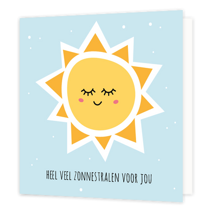 Heel veel zonnestralen - Formaat: Normaal - Vorm: Vierkant - Succes kaart - Op deze wenskaart staat een zon op een blauwe achtergrond met onderaan de tekst: "Heel veel zonnestralen voor jou". - Snelwenskaart