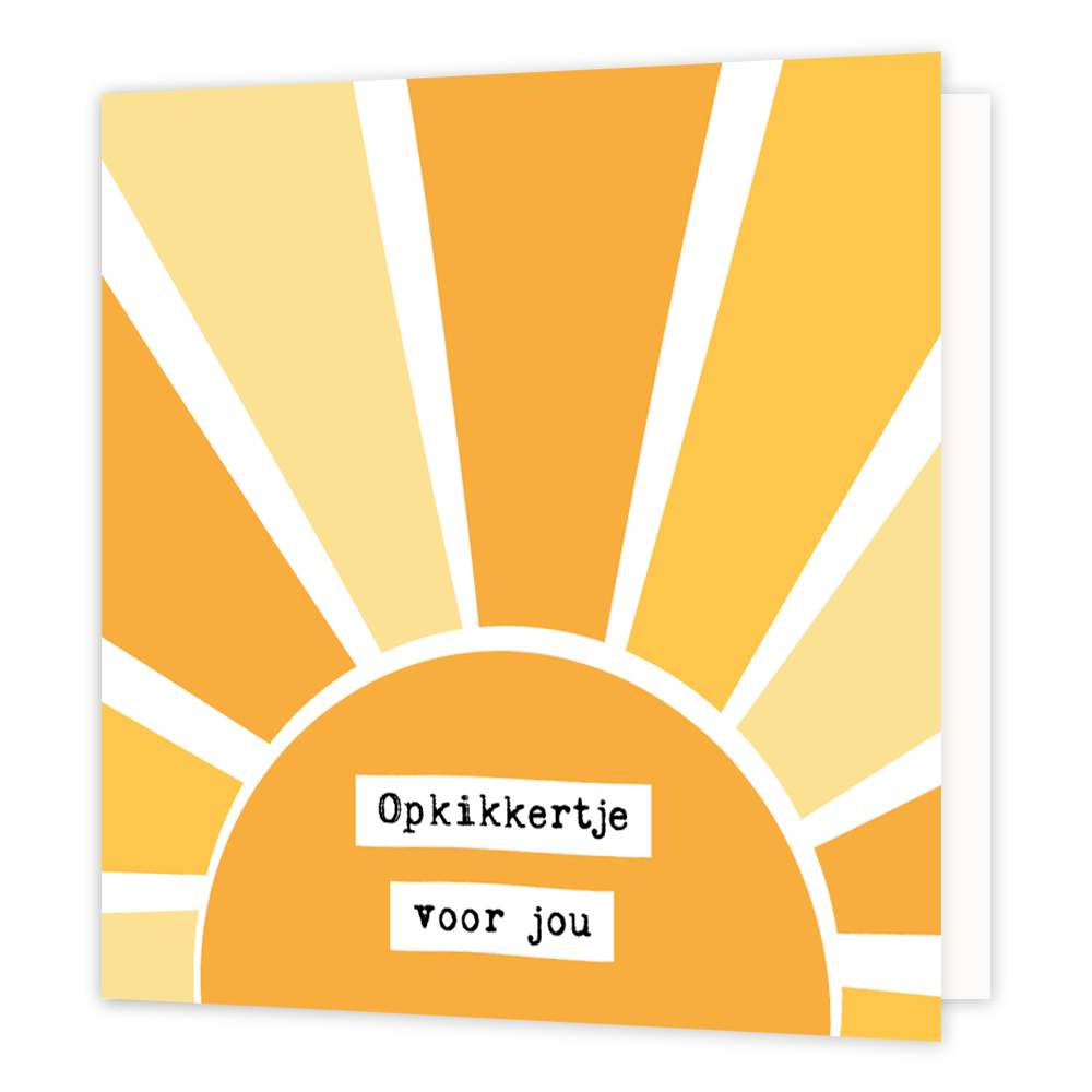 Opkikkertje voor jou - Formaat: Normaal - Vorm: Vierkant - Opkikker kaart - Op deze wenskaart staat een zon met zonnenstralen. In het midden van de zon staat de tekst: "Opkikkertje voor jou". - Snelwenskaart
