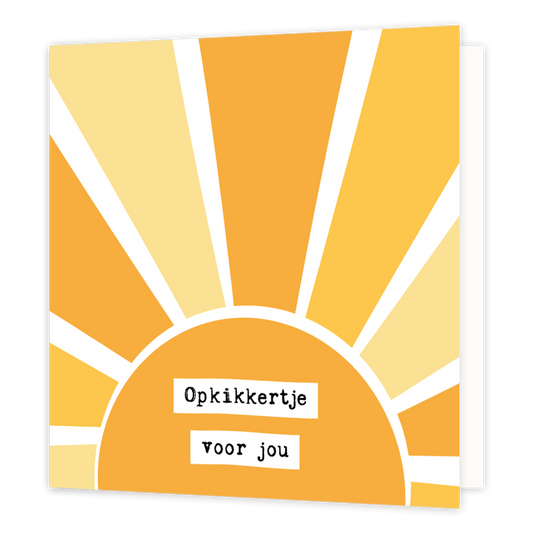 Opkikkertje voor jou - Formaat: Normaal - Vorm: Vierkant - Opkikker kaart - Op deze wenskaart staat een zon met zonnenstralen. In het midden van de zon staat de tekst: "Opkikkertje voor jou". - Snelwenskaart
