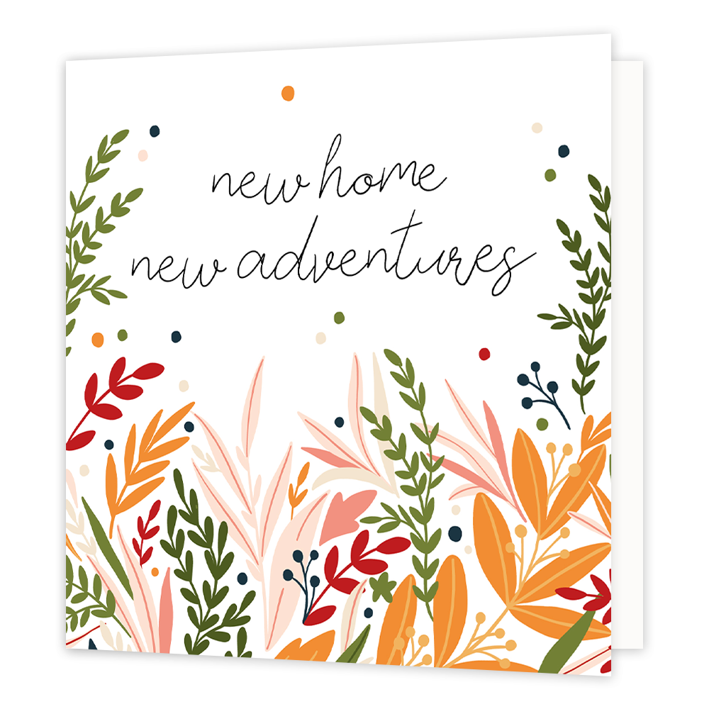 New home new adventures - Formaat: Normaal - Vorm: Vierkant - Woningkaart - Op deze wenskaart staan bladeren in de kleuren groen, roze, beige, rood en oranje, met daarboven de tekst: "New home new adventures". - Snelwenskaart