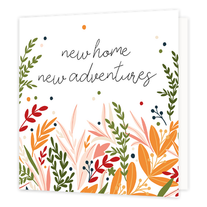 New home new adventures - Formaat: Normaal - Vorm: Vierkant - Woningkaart - Op deze wenskaart staan bladeren in de kleuren groen, roze, beige, rood en oranje, met daarboven de tekst: "New home new adventures". - Snelwenskaart