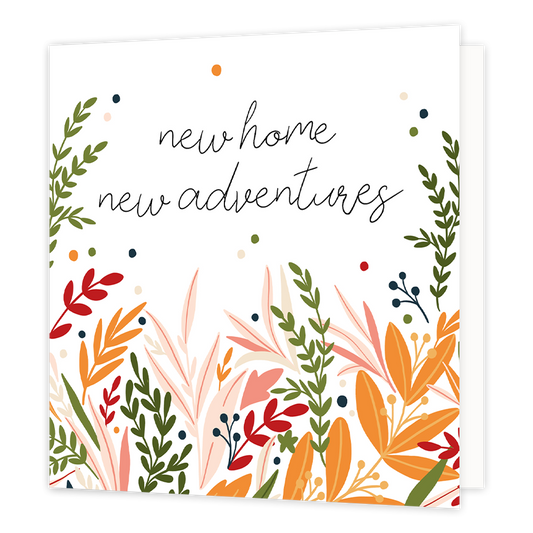 New home new adventures - Formaat: Normaal - Vorm: Vierkant - Woningkaart - Op deze wenskaart staan bladeren in de kleuren groen, roze, beige, rood en oranje, met daarboven de tekst: "New home new adventures". - Snelwenskaart