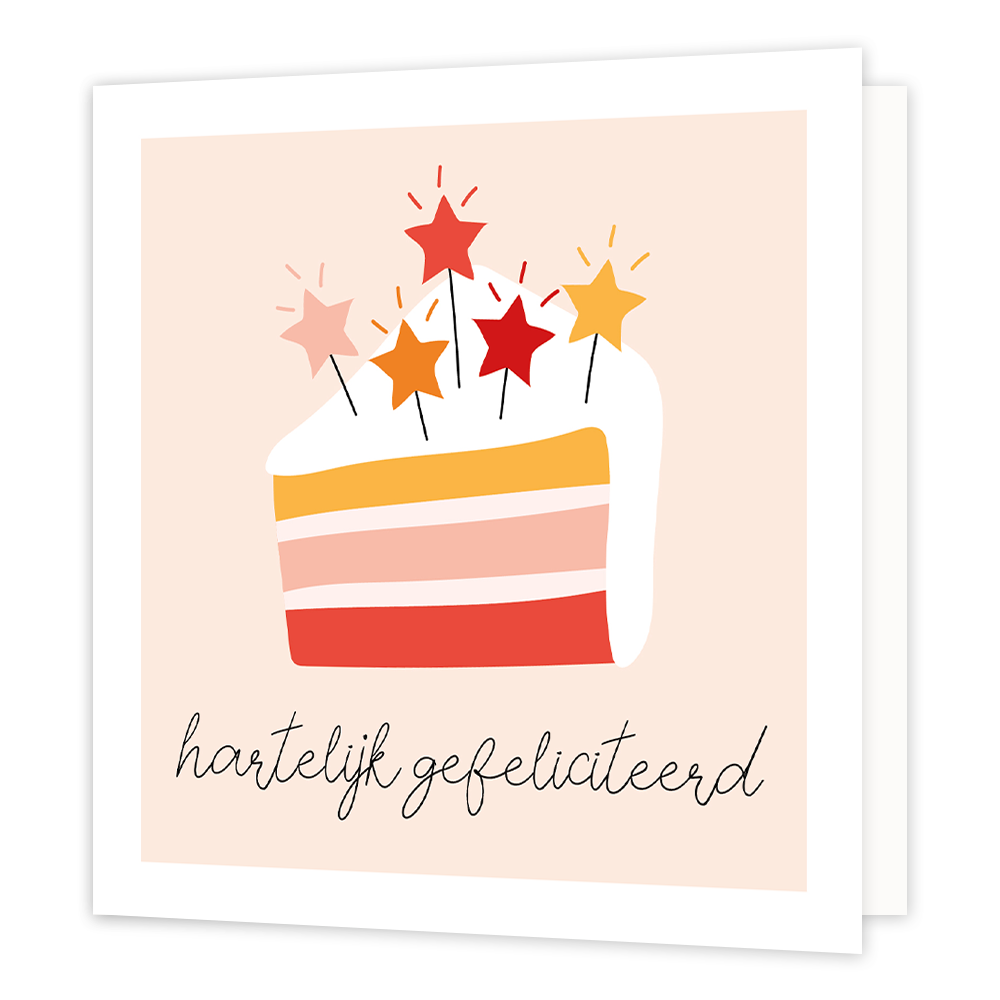 Hartelijk gefeliciteerd - Formaat: Normaal - Vorm: Vierkant - Verjaardagskaart - Op deze wenskaart staat een taartstuk met kaarsjes erop. Onderaan staat de tekst: "Hartelijk gefeliciteerd". - Snelwenskaart