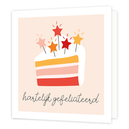 Hartelijk gefeliciteerd - Formaat: Normaal - Vorm: Vierkant - Verjaardagskaart - Op deze wenskaart staat een taartstuk met kaarsjes erop. Onderaan staat de tekst: "Hartelijk gefeliciteerd". - Snelwenskaart