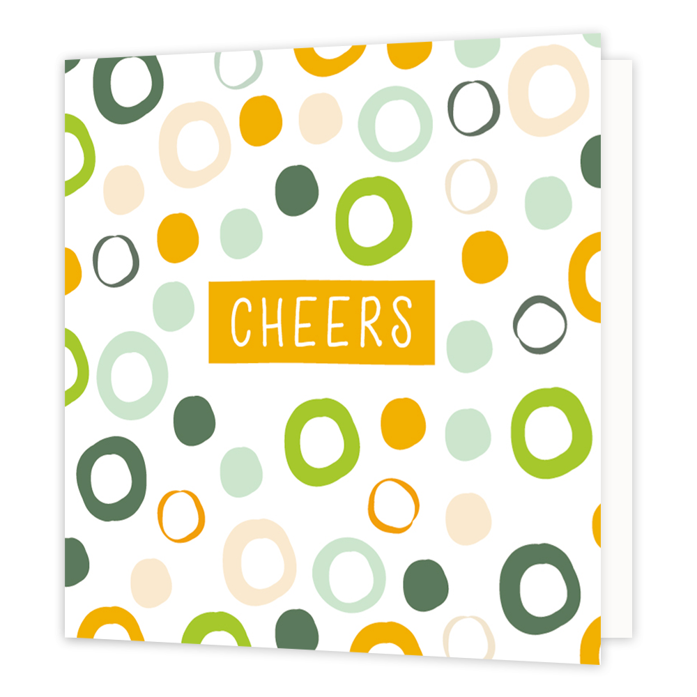 Cheers - Formaat: Normaal - Vorm: Vierkant - Proost kaart - Op deze wenskaart staan stippen en cirkels in de kleuren beige, geel, groen en mintgroen, met in het midden staat de tekst: "Cheers". - Snelwenskaart