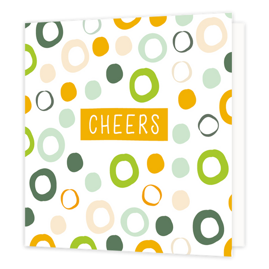 Cheers - Formaat: Normaal - Vorm: Vierkant - Proost kaart - Op deze wenskaart staan stippen en cirkels in de kleuren beige, geel, groen en mintgroen, met in het midden staat de tekst: "Cheers". - Snelwenskaart