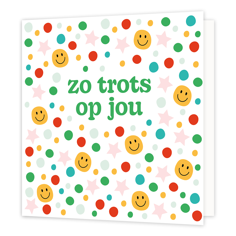 Zo trots op jou - Formaat: Normaal - Vorm: Vierkant - Complimentenkaart - Op deze wenskaart staan smiley's, stippen en sterren in de kleuren geel, rood, groen, blauw en roze. In het midden staat de tekst: "Zo trots op jou". - Snelwenskaart