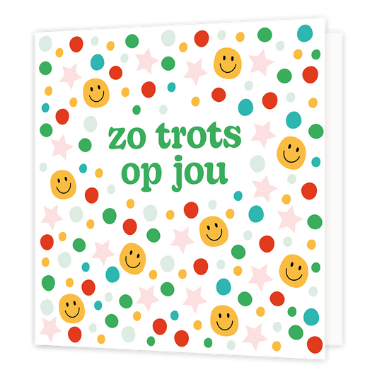 Zo trots op jou - Formaat: Normaal - Vorm: Vierkant - Complimentenkaart - Op deze wenskaart staan smiley's, stippen en sterren in de kleuren geel, rood, groen, blauw en roze. In het midden staat de tekst: "Zo trots op jou". - Snelwenskaart