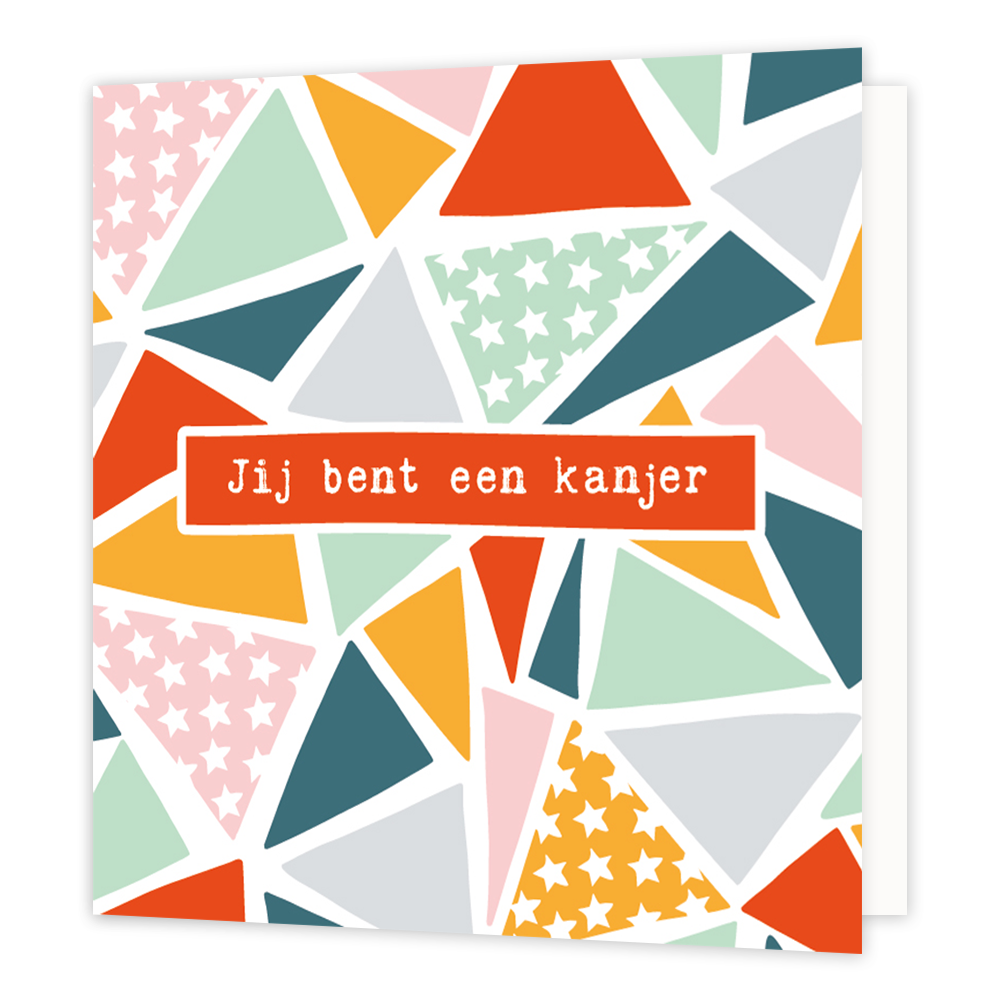 Jij bent een kanjer - Formaat: Normaal - Vorm: Vierkant - Complimentenkaart - Op deze wenskaart staan gekleurde vlakken in de kleuren rood, blauw, mintgroen, roze, grijs en oranje. In het midden staat de tekst: "Jij bent een kanjer". - Snelwenskaart