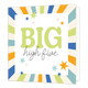 Big high five - Formaat: Standaard - Vorm: Vierkant - Complimentenkaart - Op deze wenskaart staan lijnen in de kleuren oranje, biege, mintgroen, groen en blauw. In het midden zit een wit blok met de tekst: "Big high five". - Snelwenskaart